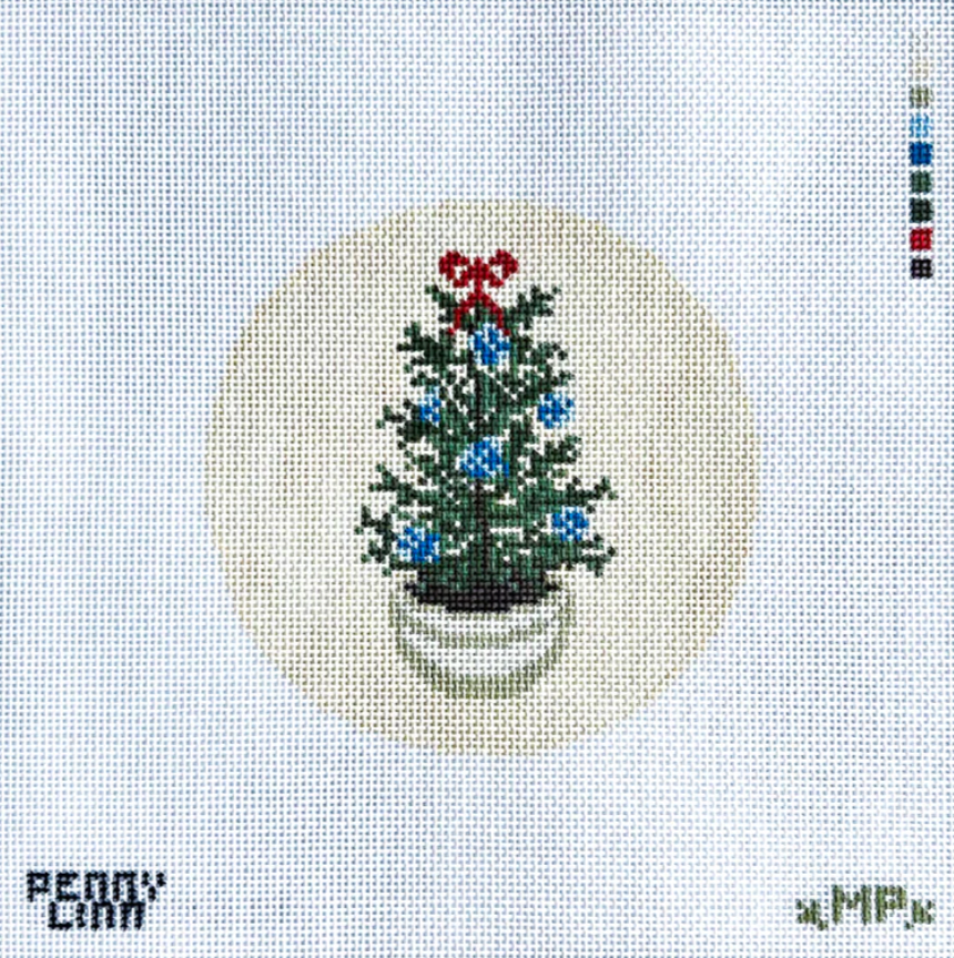 penny linn Vintage Blue Christmas Tree round ornament needlepoint canvas