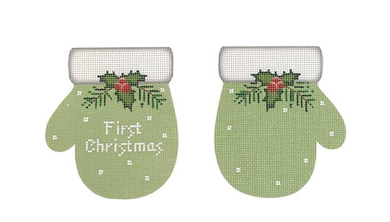 pepperberry First Christmas Mittens Pale Green needlepoint canvas