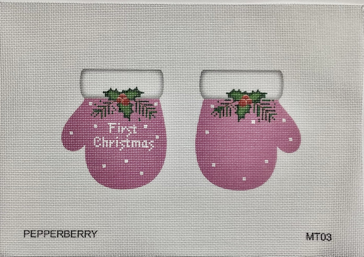 pepperberry Pink First Christmas Mittens needlepoint canvas