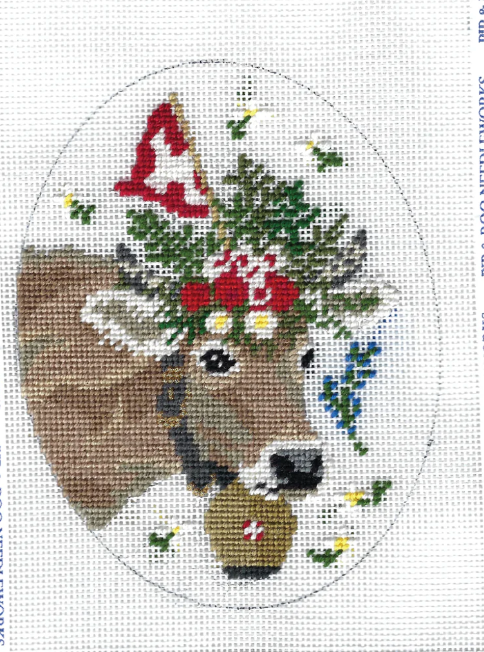 pip and roo Swiss Mountain Cow oval needlepoint canvas