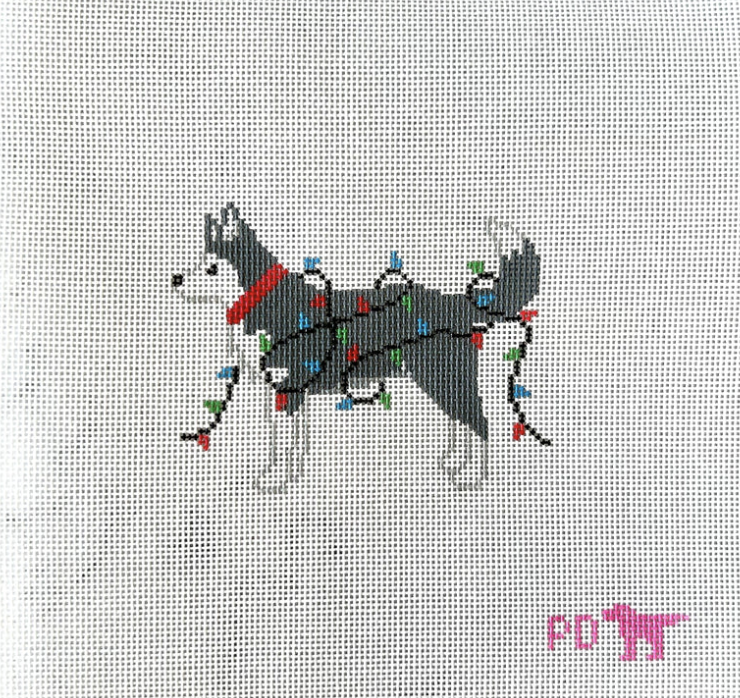 poppy designs Husky Wrapped in Lights needlepoint canvas