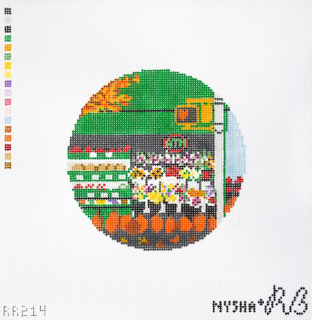 rachel barri Autumn Bodega round needlepoint canvas