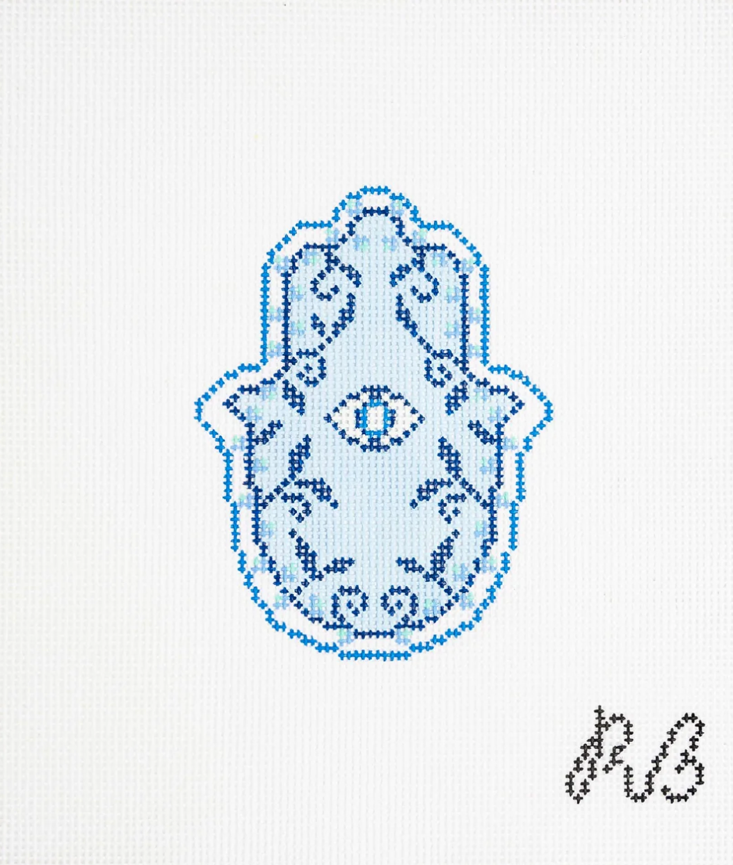 rachel barri Garden Hamsa Blue needlepoint canvas