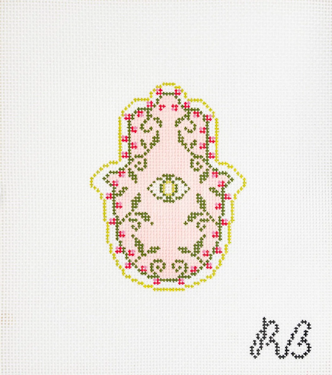 rachel barri Garden Hamsa in Pink needlepoint canvas