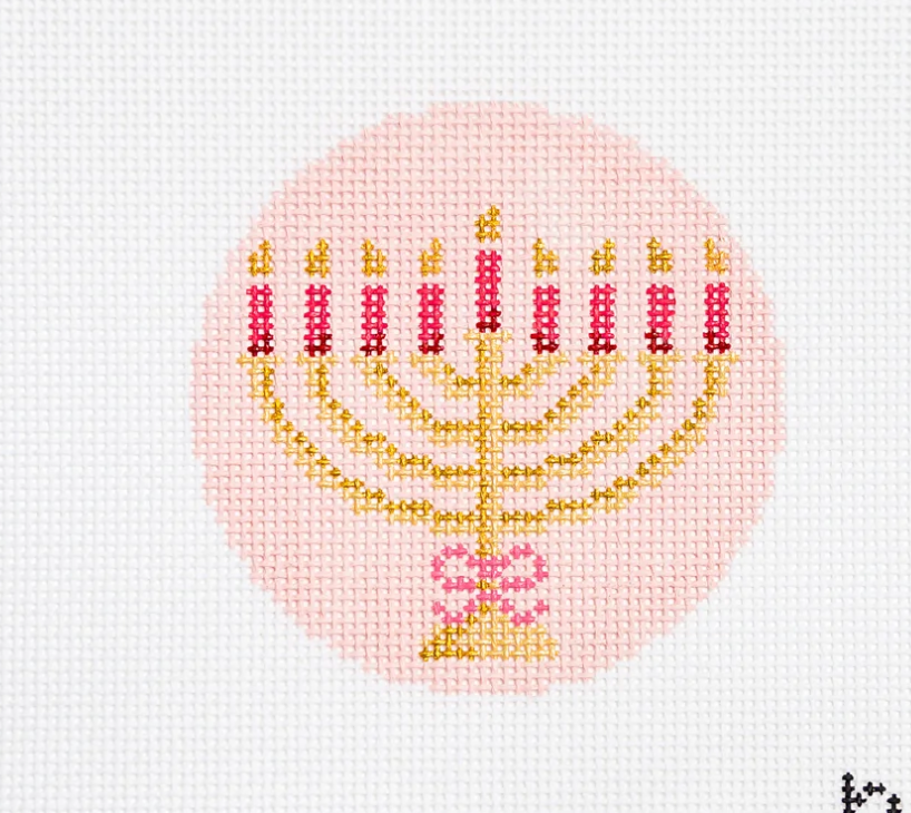 rachel barri festival of lights pink hanukkah menorah needlepoint canvas