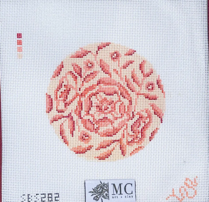 spellbound stitchery Camelia in Blush Round needlepoint canvas