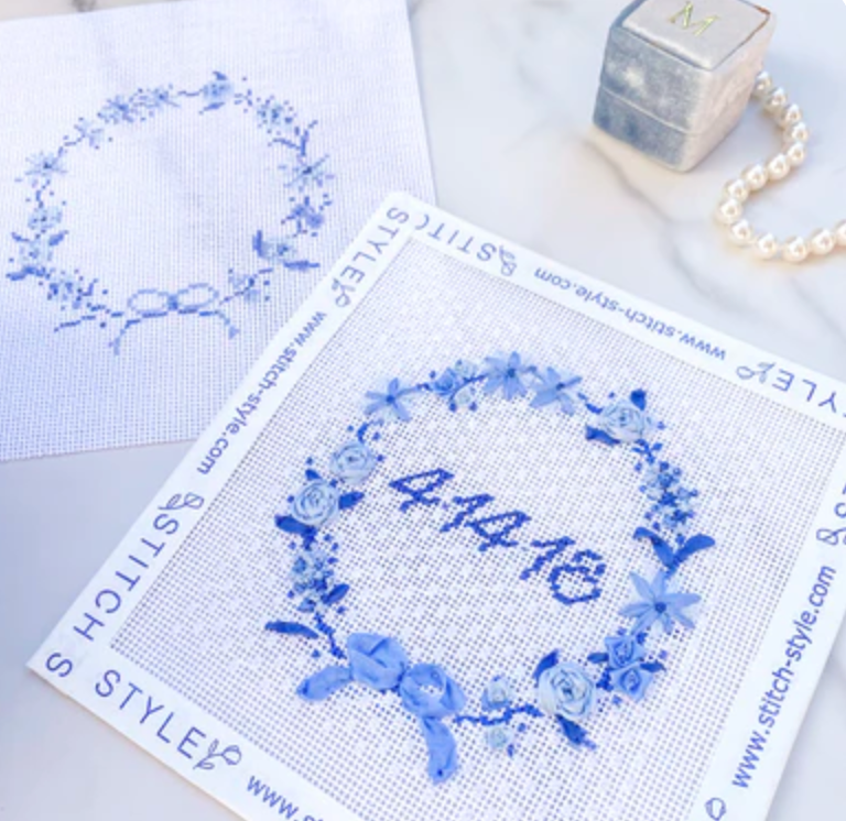 stitch style Blue Floral Wreath  needlepoint canvas