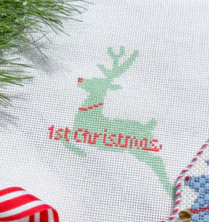 stitch style First Christmas Reindeer ornament in Mint and Red needlepoint canvas