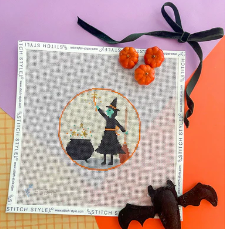 stitch style Halloween Witch and Cauldron needlepoint canvas