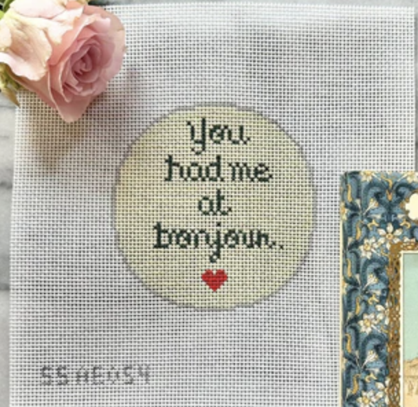 stitch style You Had Me At Bonjour round ornament needlepoint canvas