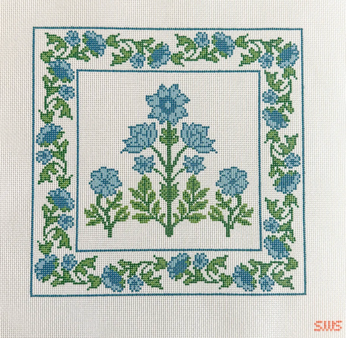 stitching with stacey Large Blue Block Print Floral pillow needlepoint canvas