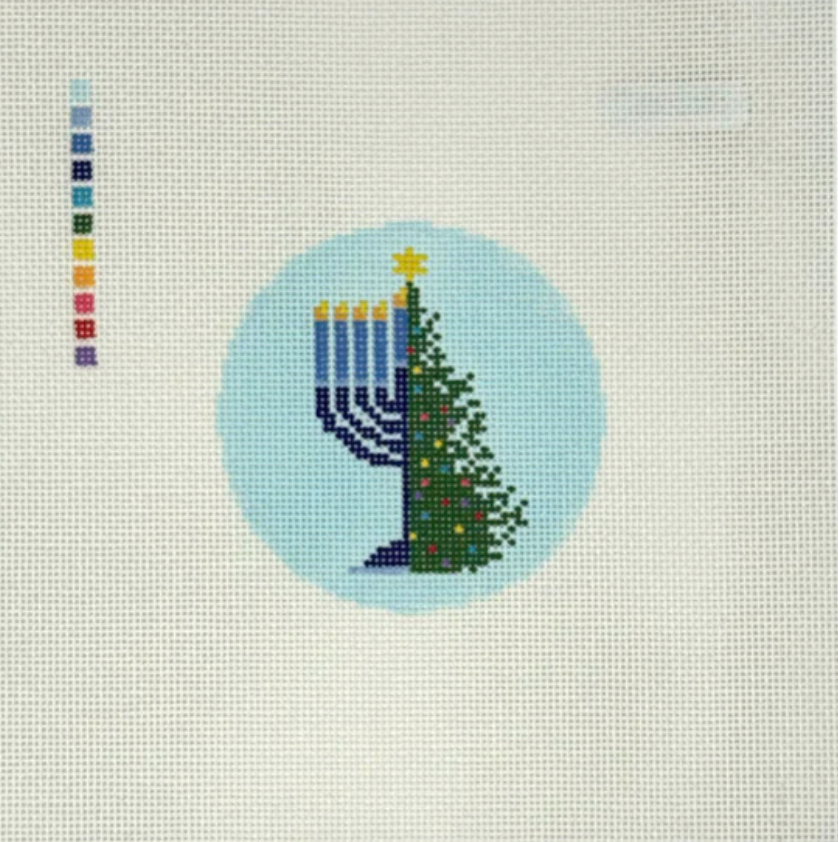 tew designs Chrismakkuh Round with christmas tree and menorah needlepoint canvas