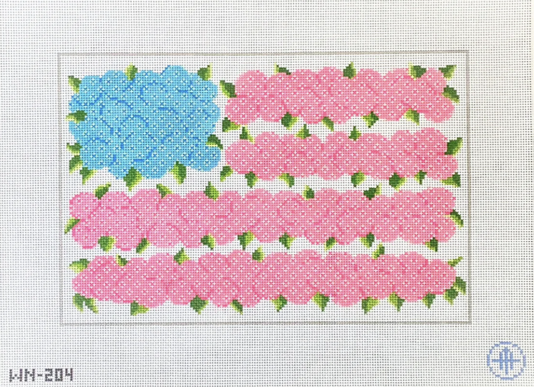 wheelhaus Red White and Bloom hydrangea Flag needlepoint canvas